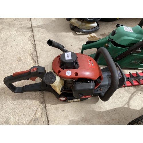 1607 - A MOUNTFIELD PETROL HEDGE TRIMMER AND A PETROL CHAINSAW