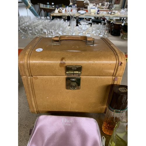 1228 - A LARGE LEATHER LOOK BEAUTY CASE TOGETHER WITH VINTAGE EAU DE COLOGNE'S LEATHER BELTS AND PURSE, CHR... 