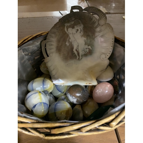 1233 - A LARGE BASKET OF MARBLE EGGS TOGETHER WITH  MINERAL ROCKS