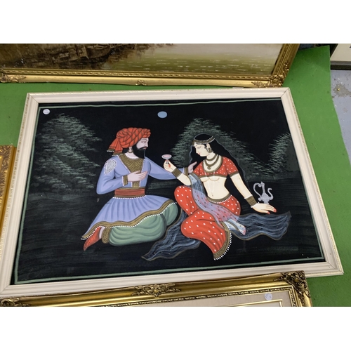 1246 - A FRAMED MATERIAL PRINT OF LOVER'S TOGETHER WITH TWO FLORAL OIL ON CANVAS