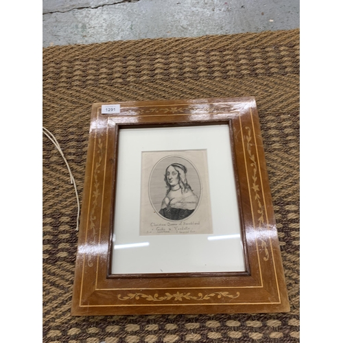 1291 - TWO VINTAGE FRAMED PRINTS, ONE OF A VICTORIAN FAMILY 47CM X 41CM PLUS 'CHRISTINA QUEENE OF SWETHLAND... 