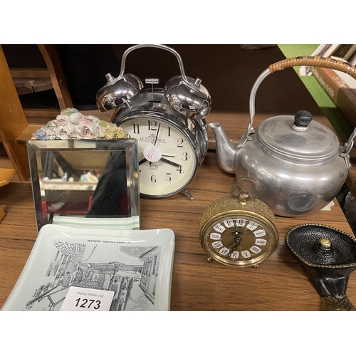 1273 - A MIXED LOT TO INCLUDE A CLOCK, TEAPOT, CARRIAGE CLOCK, ASHTRAYS, LIDDED TRINKET BOX, ETC