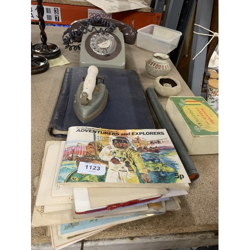 1123 - A MIXED LOT TO INCLUDE CIGFARETTE CARD ALBUMS, A STAMP ALBUM, VINTAGE ROTARY DIAL TELEPHONE, ETC