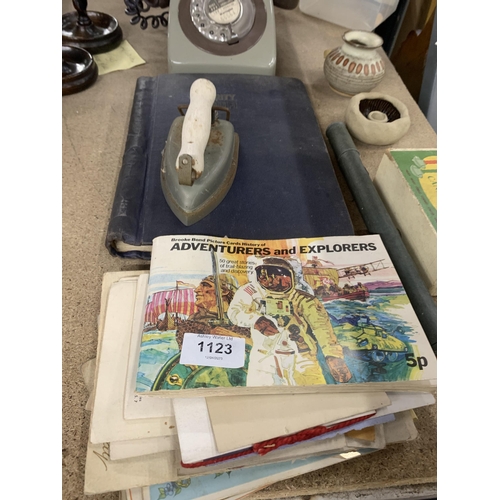 1123 - A MIXED LOT TO INCLUDE CIGFARETTE CARD ALBUMS, A STAMP ALBUM, VINTAGE ROTARY DIAL TELEPHONE, ETC