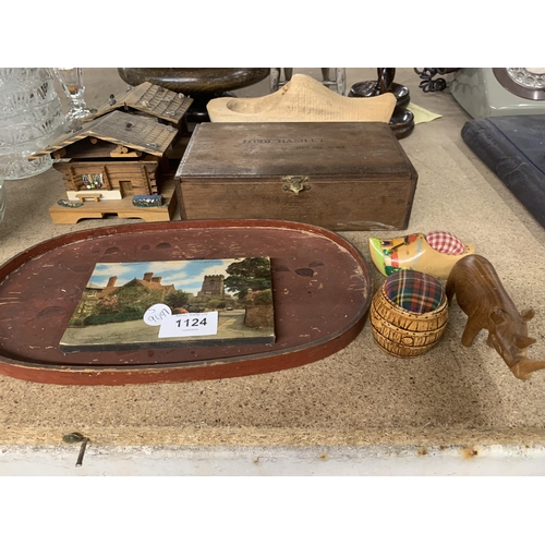 1124 - A MIXED LOT OF TREEN ITEMS TO INCLUDE TWO SWISS CHALET MUSIC BOXES, A DOLLS CHAIR, A LARGE CLOG, CAN... 