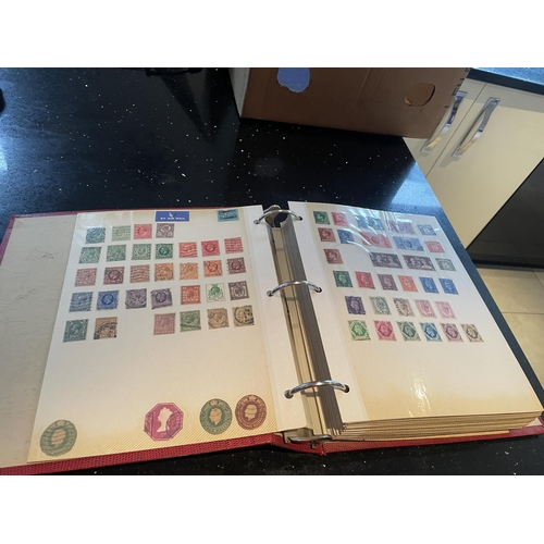 330A - A RED STAMP ALBUM OF GB, USA AND WORLD STAMPS