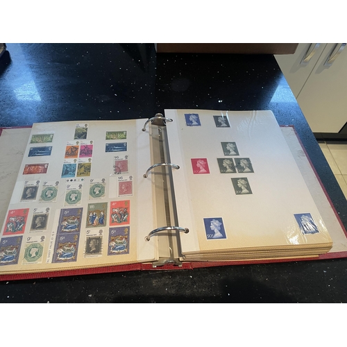 330A - A RED STAMP ALBUM OF GB, USA AND WORLD STAMPS