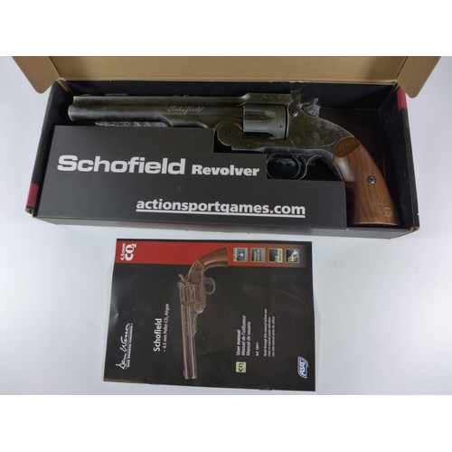 385 - A BOXED SCHOFIELD .177 CALIBRE CO2 REVOLVER, 18CM BARREL, LENGTH 33CM, SERIAL NUMBER 17j10365