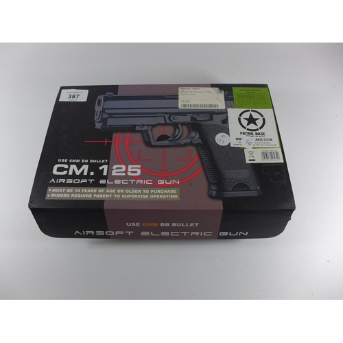 387 - A BOXED CM 125 AIRSOFT 6MM CALIBRE ELECTRIC PISTOL, LENGTH 20CM