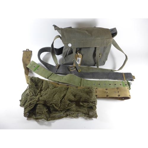 392 - A WORLD WAR II PERIOD MILITARY CANVAS BAG, THREE WEBBING BELTS ETC