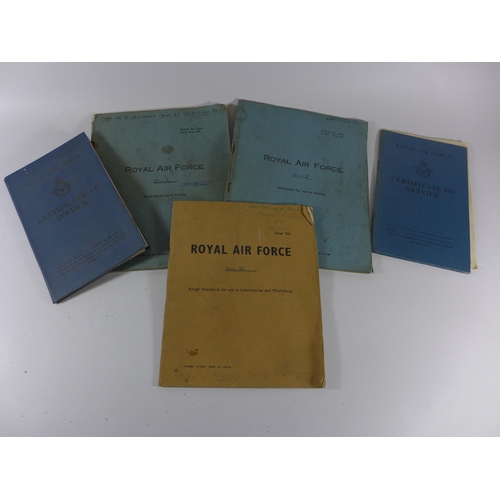 394 - FIVE MID 20TH CENTURY ROYAL AIR FORCE NOTE BOOKS, TO INCLUDE TWO CERTIFICATE OF SERVICE, FIREARMS ET... 