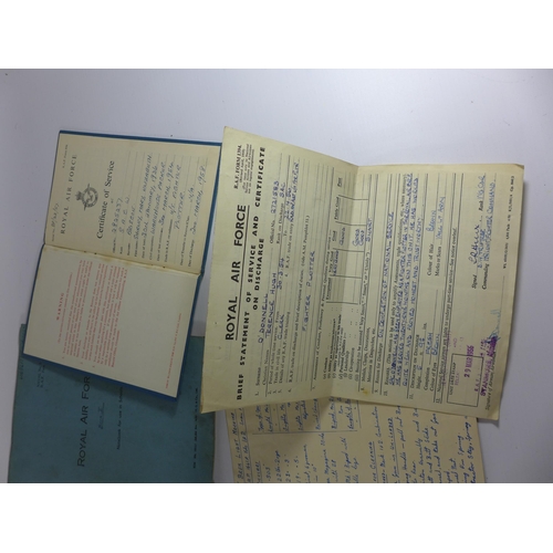 394 - FIVE MID 20TH CENTURY ROYAL AIR FORCE NOTE BOOKS, TO INCLUDE TWO CERTIFICATE OF SERVICE, FIREARMS ET... 