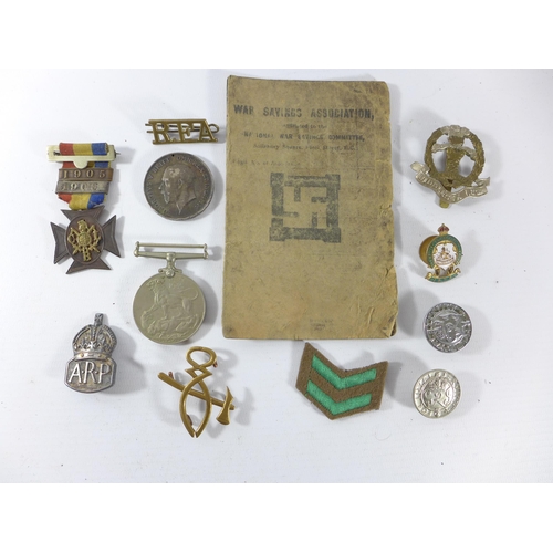 395 - A WORLD WAR I AND WORLD WAR II MEDALS, SILVER ARP BADGE, BADGES, NAZI MARKED SAVINGS BOOK ETC