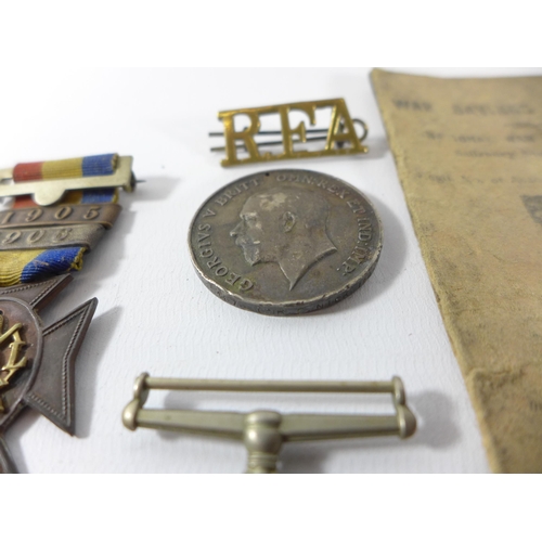 395 - A WORLD WAR I AND WORLD WAR II MEDALS, SILVER ARP BADGE, BADGES, NAZI MARKED SAVINGS BOOK ETC