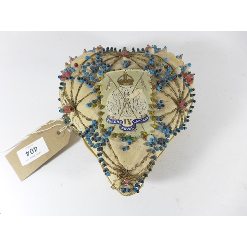 404 - A WORLD WAR I IX QUEENS ROYAL LANCERS HEART SHAPED PIN CUSHION