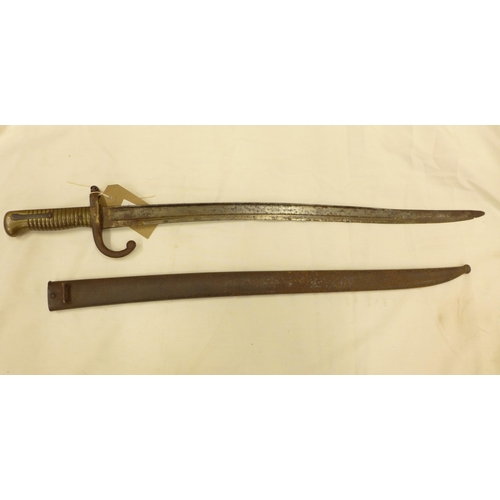 407 - A FRENCH CHASEPOT BAYONET AND SCABBARD, 57CM BLADE, DATED 1875