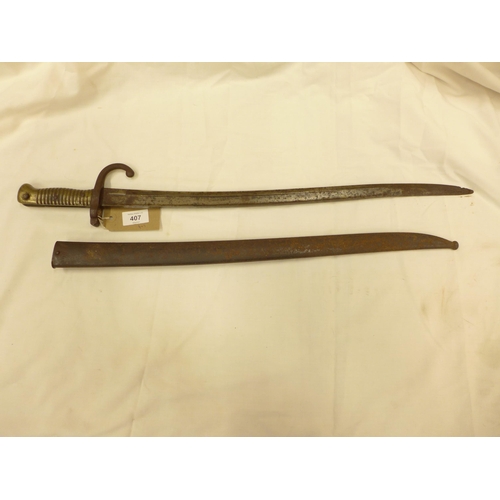 407 - A FRENCH CHASEPOT BAYONET AND SCABBARD, 57CM BLADE, DATED 1875