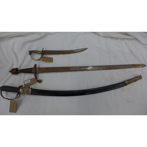 425 - A MEDIEVAL STYLE SWORD, 81CM BLADE, A/F, FURTHER SWORD AND SCABBARD AND ANOTHER (3)