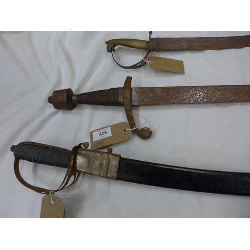 425 - A MEDIEVAL STYLE SWORD, 81CM BLADE, A/F, FURTHER SWORD AND SCABBARD AND ANOTHER (3)