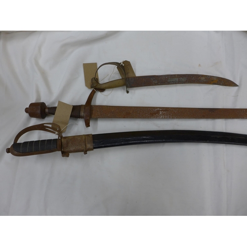 425 - A MEDIEVAL STYLE SWORD, 81CM BLADE, A/F, FURTHER SWORD AND SCABBARD AND ANOTHER (3)