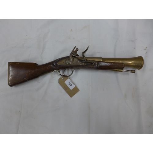 428 - A REPLICA NON FIRING FLINTLOCK BLUNDERBUSS, 21CM BRASS BARREL, LENGTH 48CM