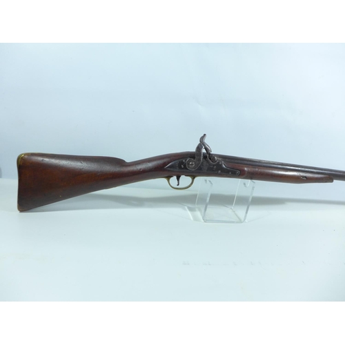 303 - A PERCUSSION CAP 19TH CENTURY SMOOTH BORE MUSKET, CONVERTED FROM FLINTLOCK, 82CM BARREL, LOCK MARKED... 