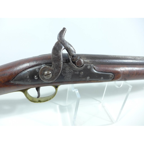 303 - A PERCUSSION CAP 19TH CENTURY SMOOTH BORE MUSKET, CONVERTED FROM FLINTLOCK, 82CM BARREL, LOCK MARKED... 