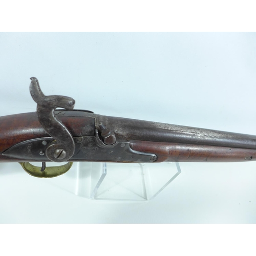 303 - A PERCUSSION CAP 19TH CENTURY SMOOTH BORE MUSKET, CONVERTED FROM FLINTLOCK, 82CM BARREL, LOCK MARKED... 