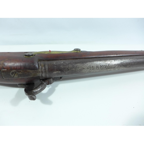 303 - A PERCUSSION CAP 19TH CENTURY SMOOTH BORE MUSKET, CONVERTED FROM FLINTLOCK, 82CM BARREL, LOCK MARKED... 