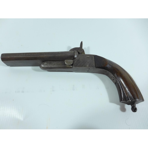 306 - A .44 CALIBRE DOUBLE BARRELED PINFIRE PISTOL, 11.5CM BARRELS, LENGTH 22CM