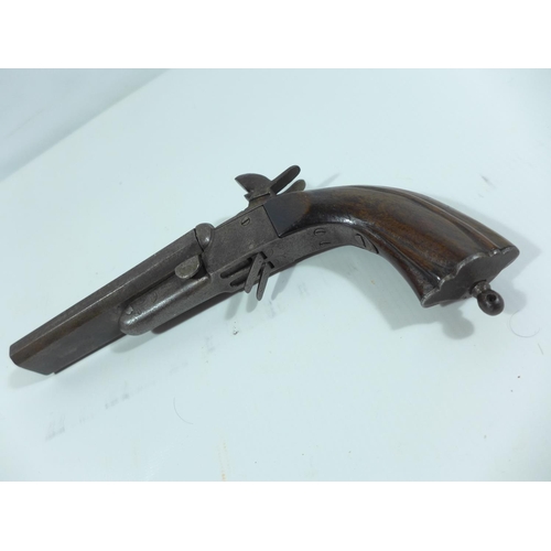 306 - A .44 CALIBRE DOUBLE BARRELED PINFIRE PISTOL, 11.5CM BARRELS, LENGTH 22CM