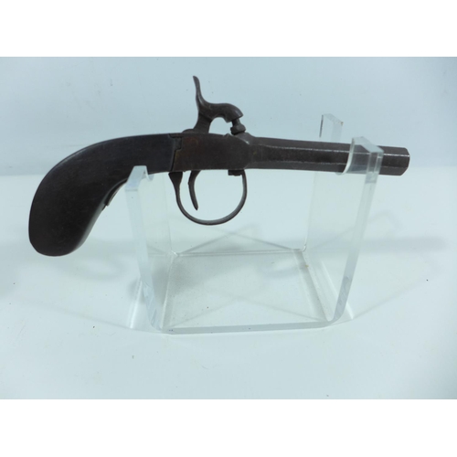 307 - A .49 CALIBRE SINGLE BARRELED PERCUSSION CAP PISTOL, 8.5CM BARREL, LENGTH 20CM