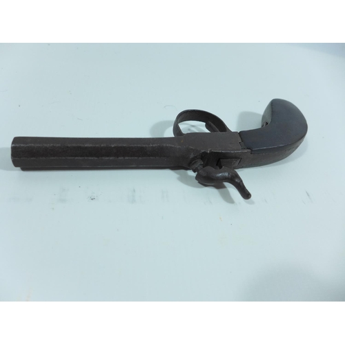 307 - A .49 CALIBRE SINGLE BARRELED PERCUSSION CAP PISTOL, 8.5CM BARREL, LENGTH 20CM