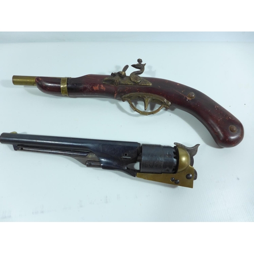 311 - A NON FIRING FLINTLOCK DISPLAY PISTOL, LENGTH 38CM, NON FIRING PARTS FOR A COLT REVOLVER, LENGTH 28C... 