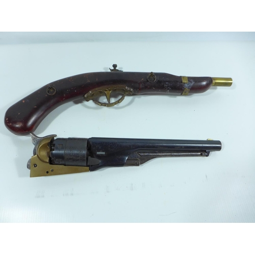 311 - A NON FIRING FLINTLOCK DISPLAY PISTOL, LENGTH 38CM, NON FIRING PARTS FOR A COLT REVOLVER, LENGTH 28C... 