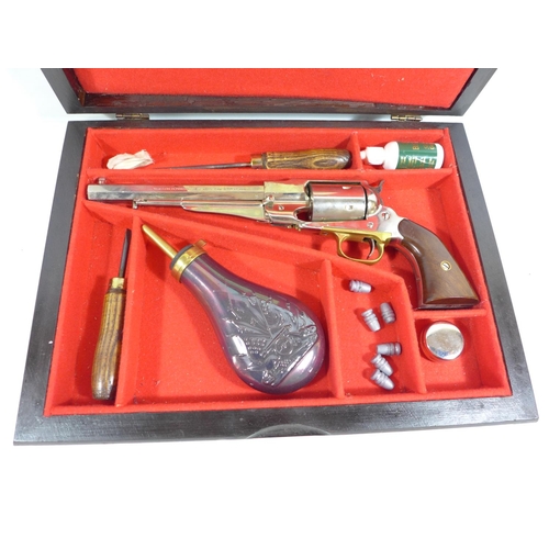 313 - A CASED NICKEL PLATED DEACTVATED MODERN REMINGTON 1860 NEW MODEL ARMY REVOLVER, 20CM BARREL, LENGTH ... 