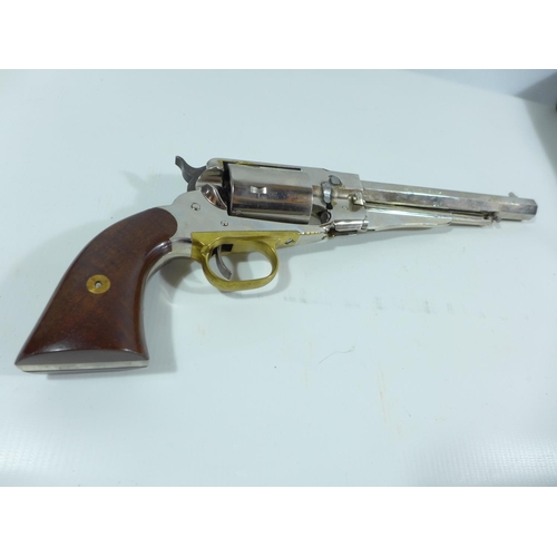 313 - A CASED NICKEL PLATED DEACTVATED MODERN REMINGTON 1860 NEW MODEL ARMY REVOLVER, 20CM BARREL, LENGTH ... 