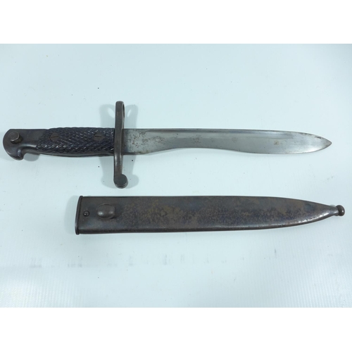 335 - A SPANISH BOLO BAYONET AND SCABBARD, BLADE 24.5CM, LENGTH 40CM