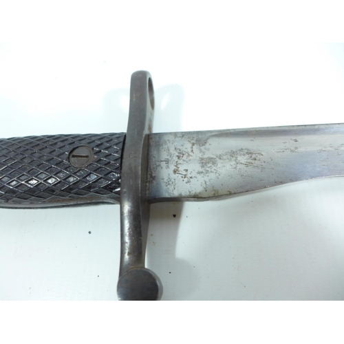 335 - A SPANISH BOLO BAYONET AND SCABBARD, BLADE 24.5CM, LENGTH 40CM