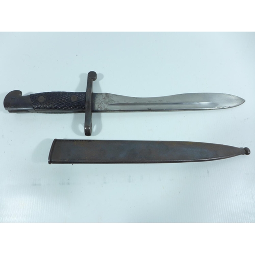 335 - A SPANISH BOLO BAYONET AND SCABBARD, BLADE 24.5CM, LENGTH 40CM