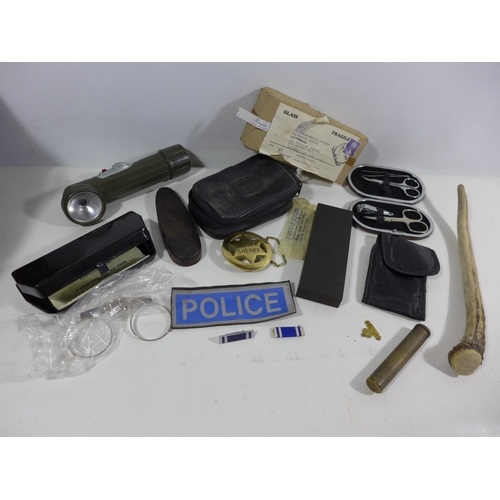 352 - A POLICE BADGE, MILITARY MARK 5 SPECTACLES, OIL CONTAINER, TORCH ETC