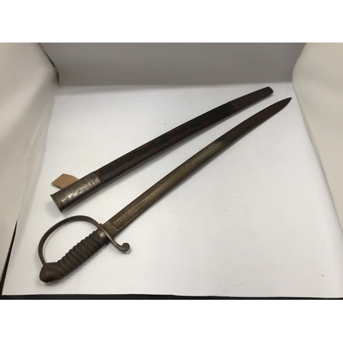 367 - A 19TH CENTURY POLICE OFFICERS SWORD AND SCABBARD, 56CM BLADE, LENGTH 71.5CM