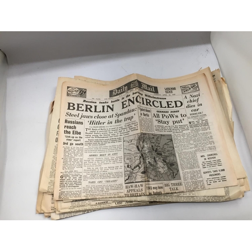 378 - APPROXIMATELY THIRTY-FIVE NEWSPAPERS RELATING TO WORLD WAR II, BISMARCK SINKING, BERLIN SURROUNDED, ... 