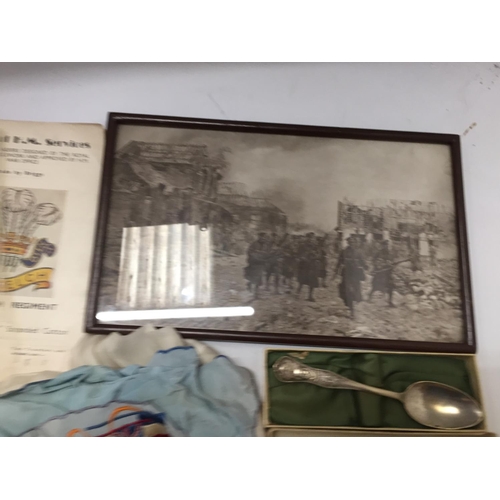 379 - A COLLECTION OF WORLD WAR I EPHEMERA, FRAMED PICTURE OF BRITISH SOLDIERS, TWO SILK HANDKERCHIEFS, BO... 