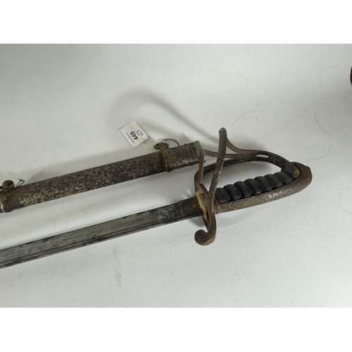 449 - A 19TH CENTURY ROYAL ARTILLERY OFFICERS SWORD AND SCABBARD, 81.5CM BLADE, LENGTH 99CM