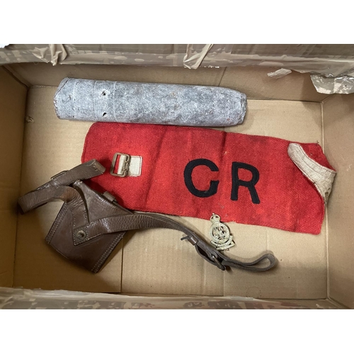 453 - AN INERT WORLD WAR II NAZI GERMANY INCENDIARY BOMB, LEATHER SWORD FROG AND G.R ARMBAND ETC