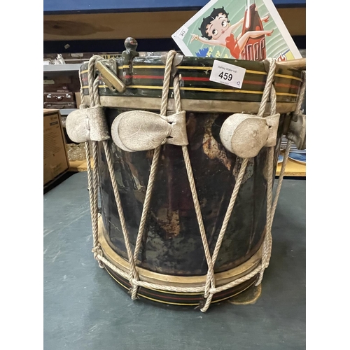 459 - A MILITARY MARCHING DRUM, DIAMETER 38CM, HEIGHT 38CM, TOGETHER WITH TWO PAIRS OF DRUMSTICKS