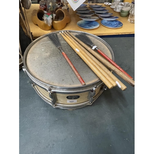 460 - AN OLYMPIC EVERPLAY EXTRA SNARE DRUM, DIAMETER 38CM, HEIGHT 10CM, TOGETHER WITH TWO PAIRS OF DRUMSTI... 