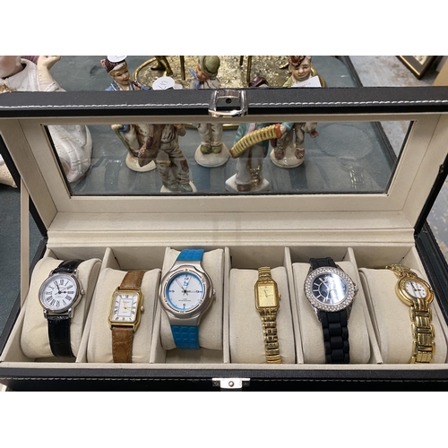 102 - A BOX CONTAINING SIX LADIES WRISTWATCHES WORKING AT TIME OF CATALOGUING BUT NO WARRANTY