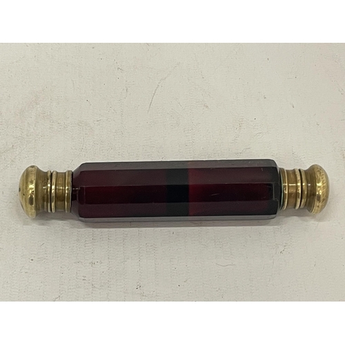 12 - A VICTORIAN RED GLASS DOUBLE SIDED PERFUME BOTTLE